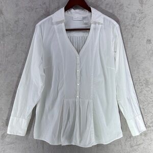 Soft Surroundings White V-Neck Pleated Embroidered Button Blouse Size L